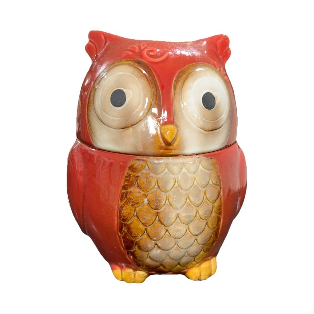 5 Gibson Ceramic Owl Cookie Jar Red Brown Yellow Animal Kitchen Canister 8in
